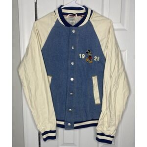 Disney Men's Mickey Mouse 1928 Denim Varsity Jacket Blue White Size XS